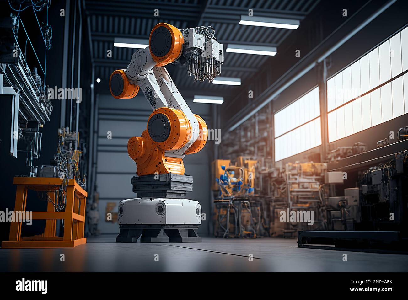 Ai Computer Technology SMART Factory, industrie 4,0, M2M fabrication assistée par ordinateur. Robot travaillant dans la chaîne de production d'usine avec la machine Banque D'Images