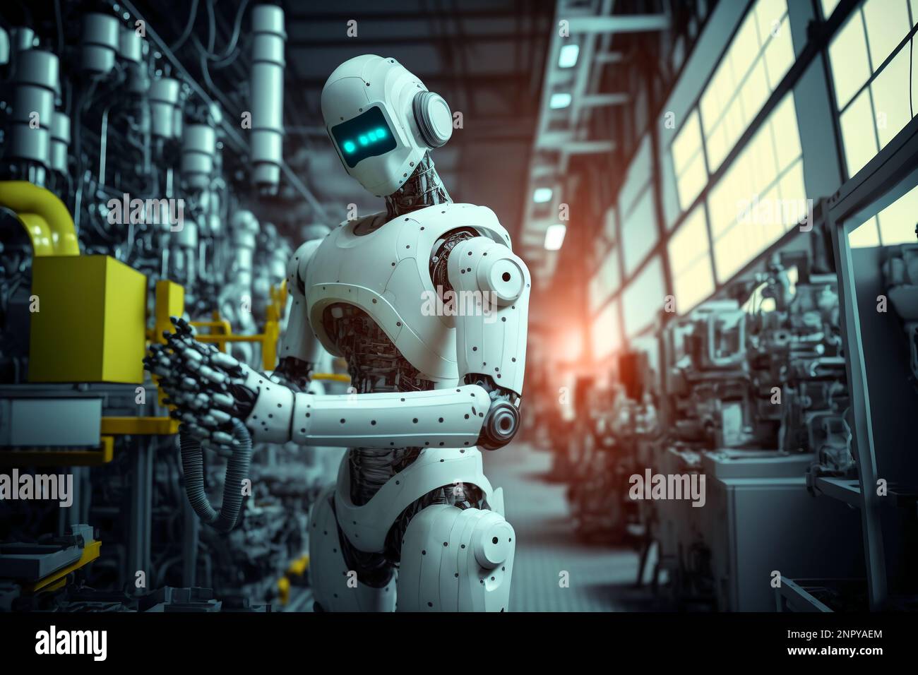 Ai Computer Technology SMART Factory, industrie 4,0, M2M fabrication assistée par ordinateur. Robot travaillant dans la chaîne de production d'usine avec la machine Banque D'Images