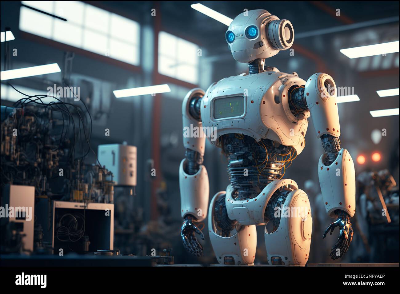 Ai Computer Technology SMART Factory, industrie 4,0, M2M fabrication assistée par ordinateur. Robot travaillant dans la chaîne de production d'usine avec la machine Banque D'Images