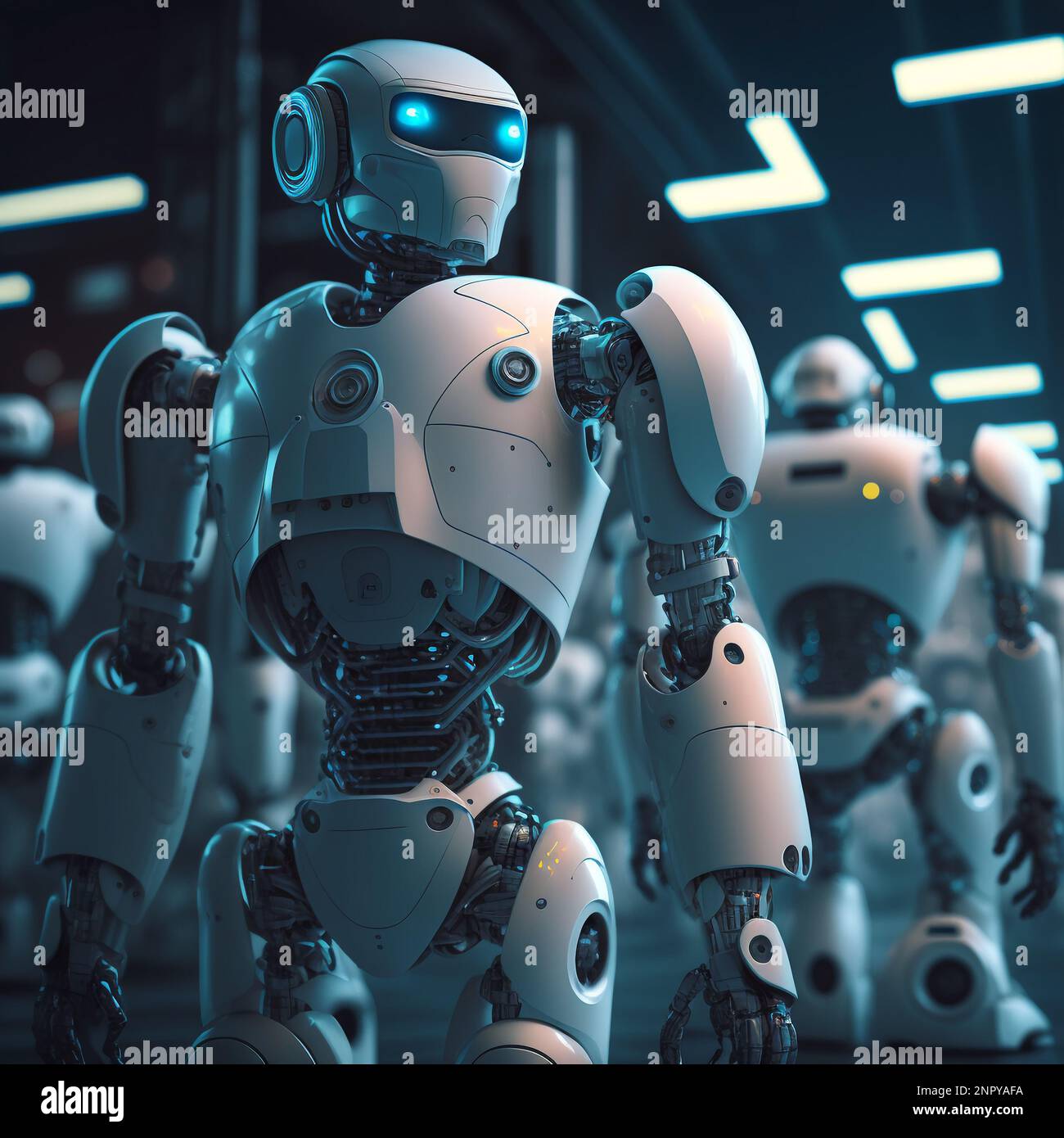 Ai Computer Technology SMART Factory, industrie 4,0, M2M fabrication assistée par ordinateur. Robot travaillant dans la chaîne de production d'usine avec la machine Banque D'Images