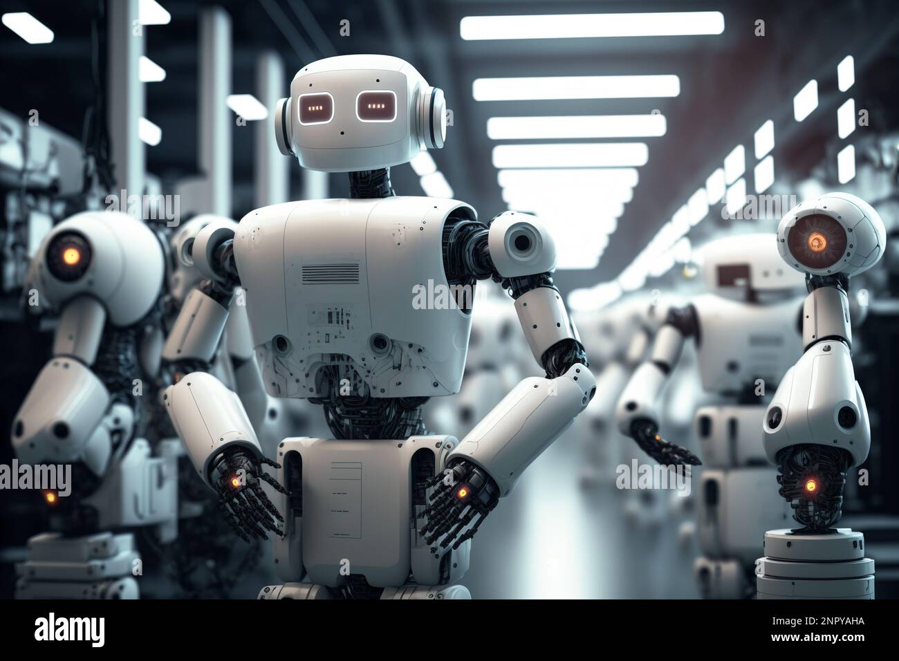 Ai Computer Technology SMART Factory, industrie 4,0, M2M fabrication assistée par ordinateur. Robot travaillant dans la chaîne de production d'usine avec la machine Banque D'Images