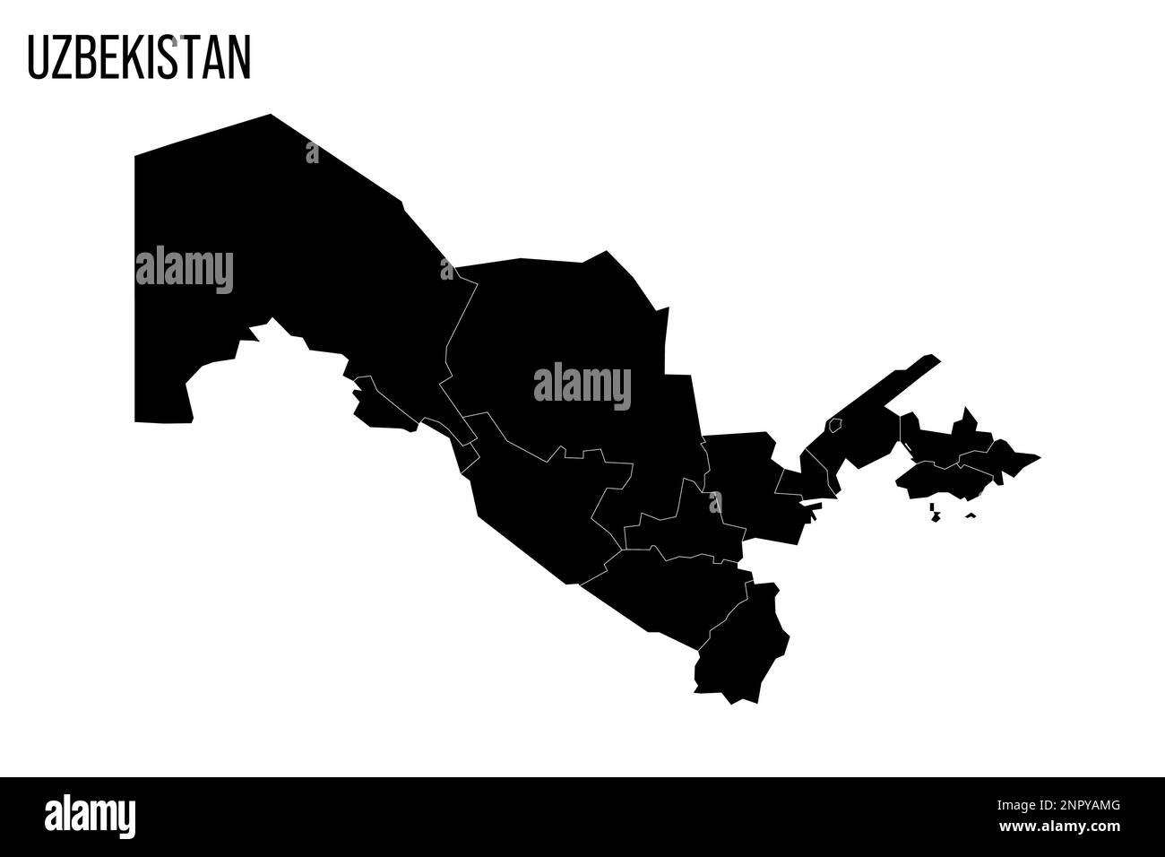 Ouzbékistan carte politique des divisions administratives - régions, république autonome du Karakalpakstan et ville indépendante de Tachkent. Carte noire vierge et titre du nom du pays. Illustration de Vecteur