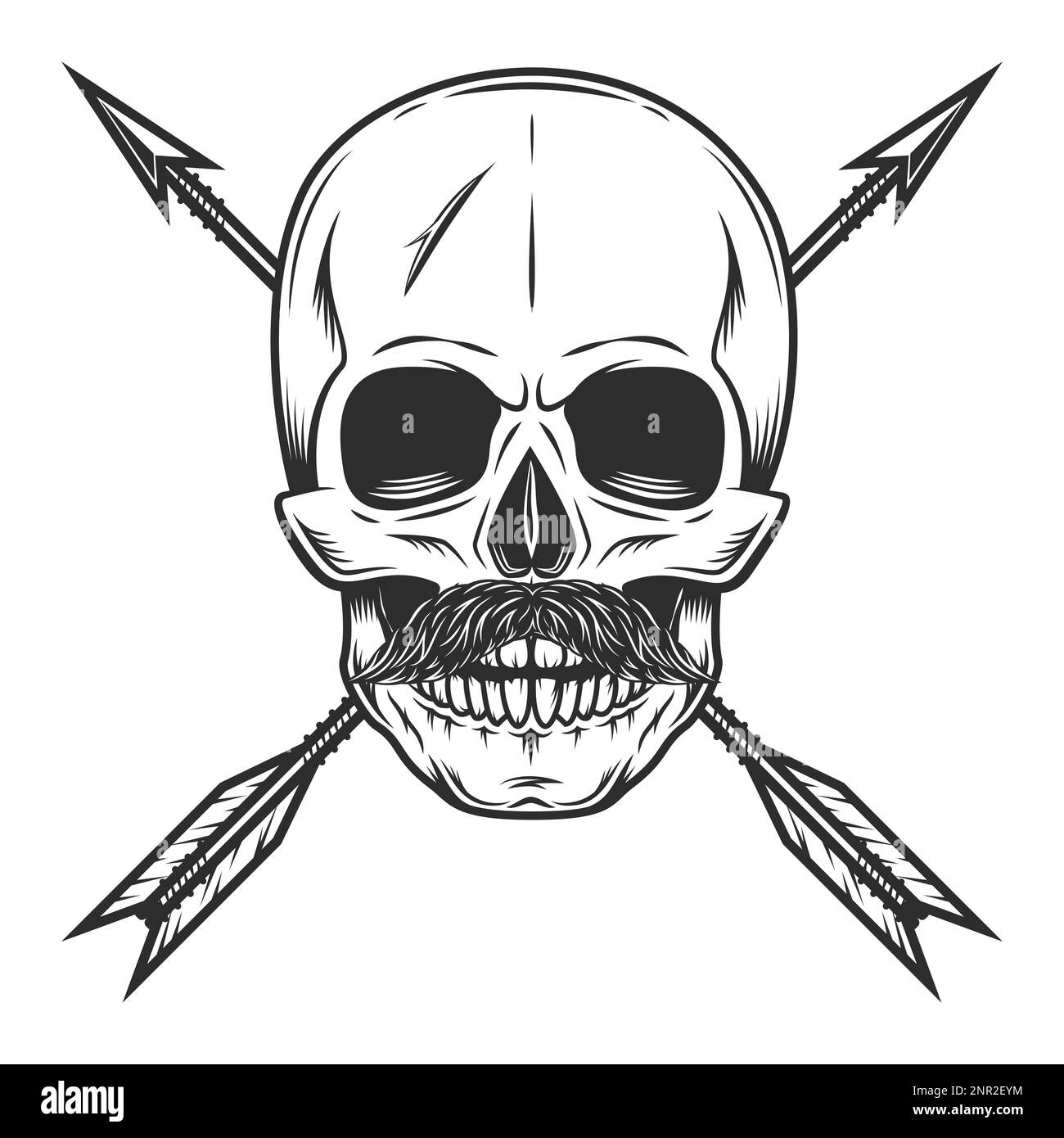 Crâne avec moustache et flèche de chasse vintage dans une illustration vectorielle isolée de style monochrome. Élément de conception pour l'étiquette ou l'enseigne et l'emblème Banque D'Images