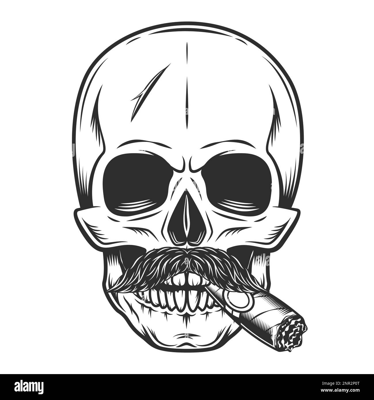 Crâne de l'hippocrame fume cigare et cigarette avec moustache isolée sur fond blanc illustration monochrome Illustration de Vecteur