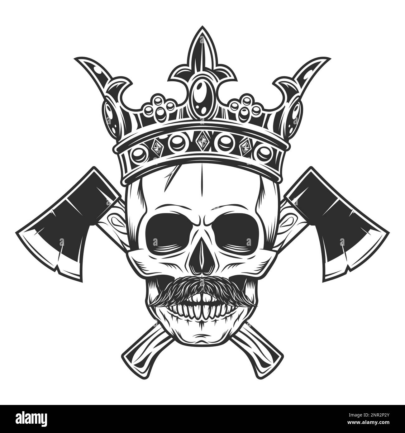 Crâne en couronne roi avec moustache et croix de bois entreprise de menuiserie ou emblème de bûcherons outil de construction Illustration de Vecteur