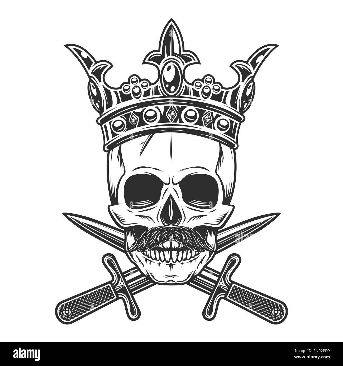 Crâne de roi de couronne avec moustache en hipster et poignard à couteau croisé isolé sur fond blanc illustration monochrome Illustration de Vecteur