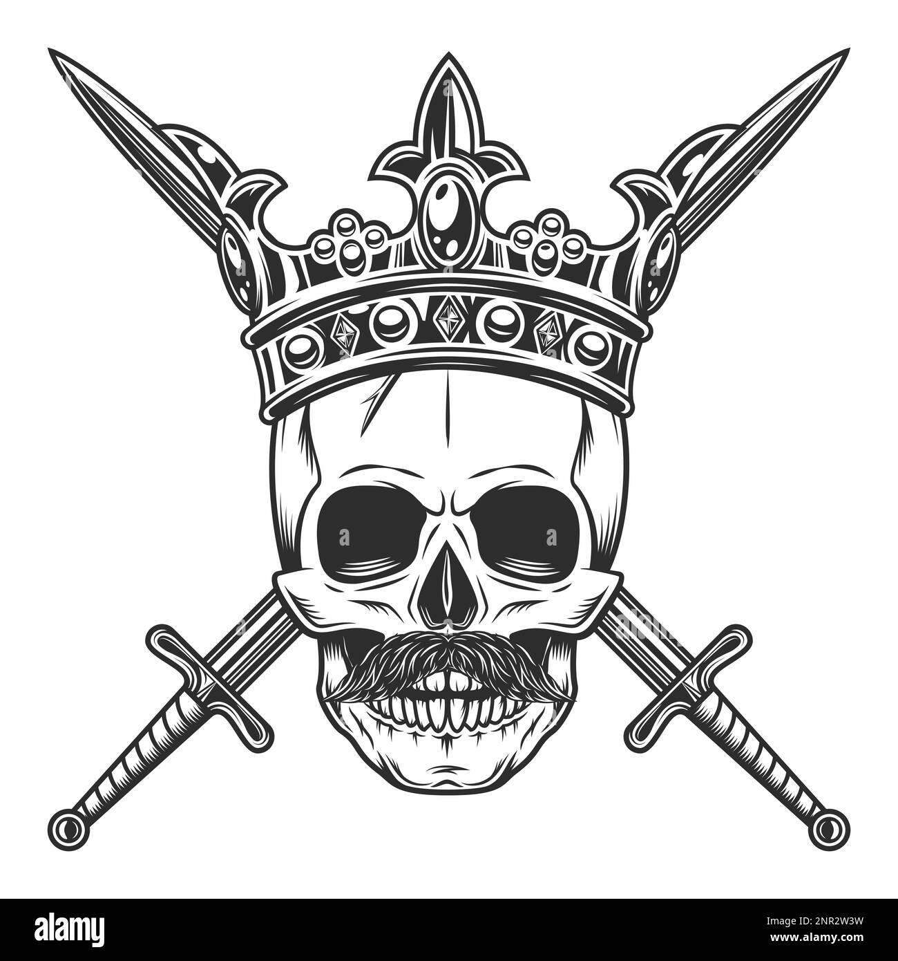 Crâne de la couronne royale avec moustache et épée croisée isolé sur fond blanc illustration monochrome Illustration de Vecteur