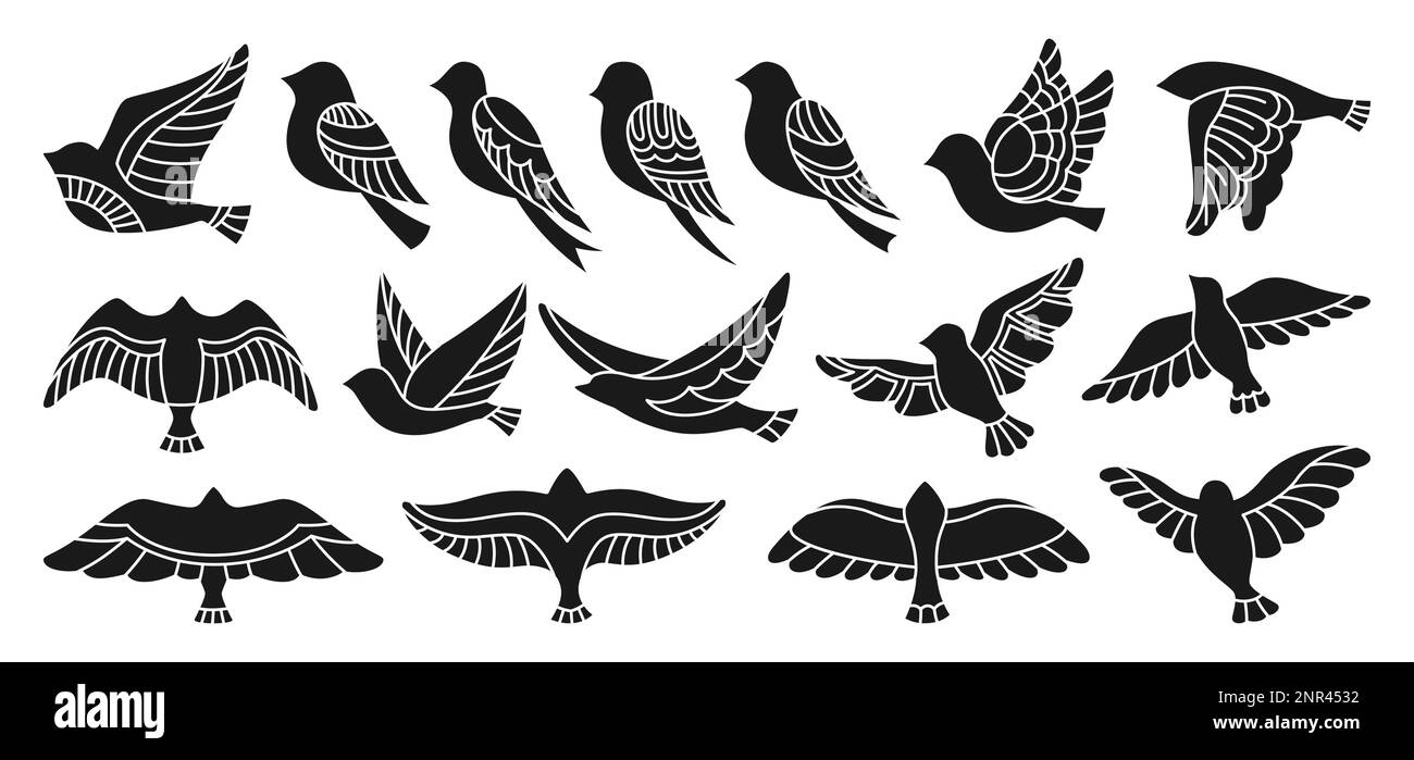Ensemble de timbres à imprimé oiseaux et ornements abstraits. Impression linéaire stylisée marque de peinture tendance à la volaille ou aux sourcils. Pochoir de pigeon à colombe dessiné à la main. Mignon divers phoques presse oiseaux comic songbird vecteur Illustration de Vecteur