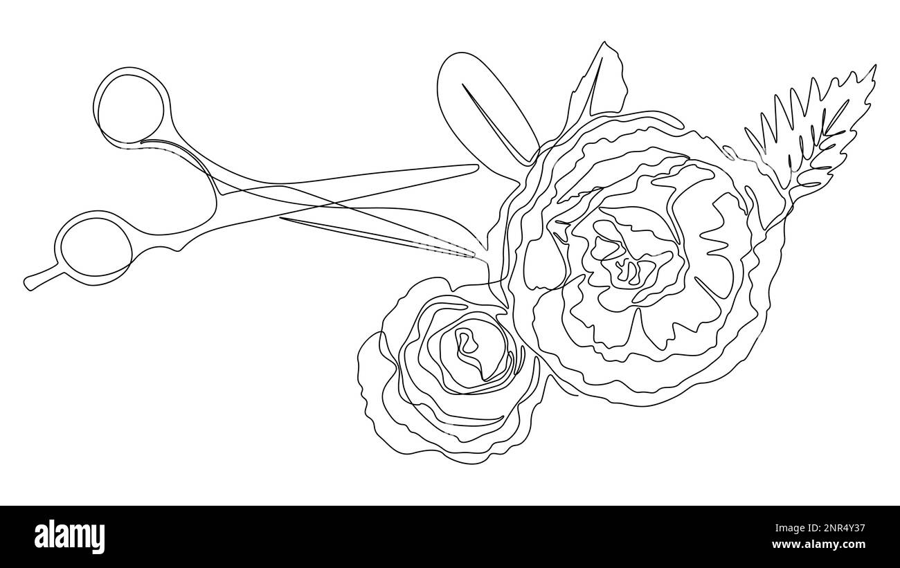 Une ligne continue de ciseaux avec fleurs roses. Concept de vecteur d'illustration à trait fin. Dessin de contour idées créatives. Illustration de Vecteur