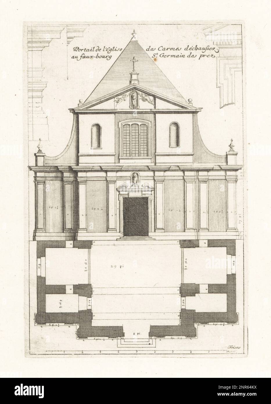 Façade de l'église Saint-Joseph-des-Carmes, 70 rue de Vaugirard, Paris, construite en 1620 pour les Carmélites Shoeless avec un extérieur classique et un intérieur baroque. Porte de l'lunettes des Carmes délunettes, au faux-bourg St. Germain des Prés. Gravure de coperplate dessinée et gravée par Jean Marot de son Recueil des plans, Profils et élévations de plusieurs Palais, Châteaux, Églises, Septures, Grotes et Hôtels, Collection de plans, profils et élévations de palais, châteaux, églises, tombes, grottes et hôtels, chez Mariette, Paris, 1655. Banque D'Images