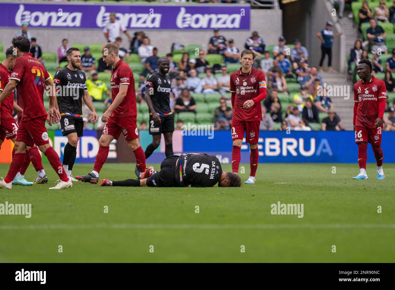 AAMI Park, Melbourne, Australie. 26 février 2023. Damien Da Silvia descend dans la boîte pendant un coup de pied de coin et gagne une pénalité. Credit: James Forrester/Alay Live News Banque D'Images