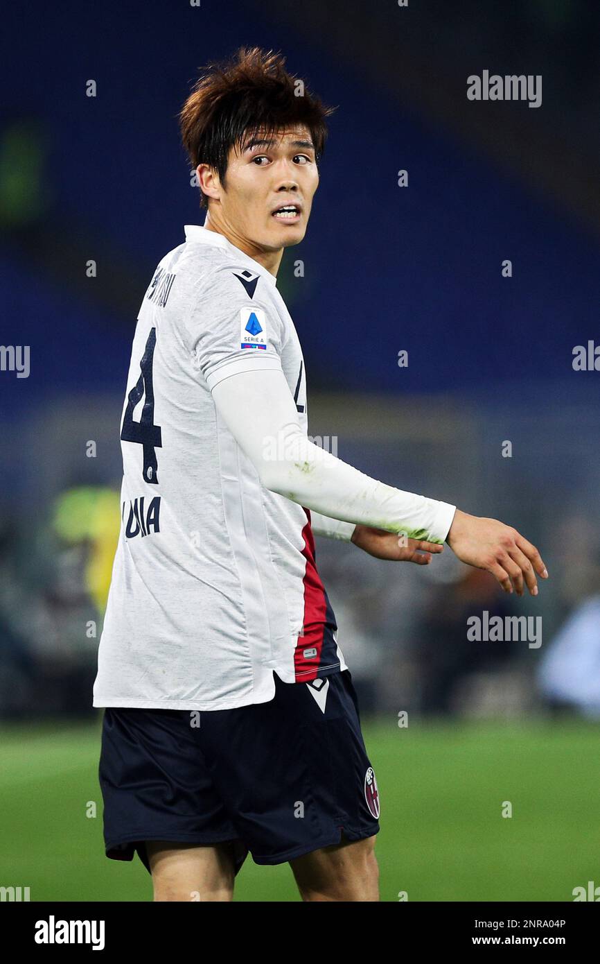 Takehiro Tomiyasu of Bologna reacts during the Italian championship Serie A football match between AS Roma and Bologna FC 1909 on February 7, 2020 at Stadio Olimpico in Rome, Italy - Photo Federico Proietti/ESPA-Images(Credit Image: © ESPA Photo Agency/CSM via ZUMA Wire) (Cal Sport Media via AP Images) Banque D'Images