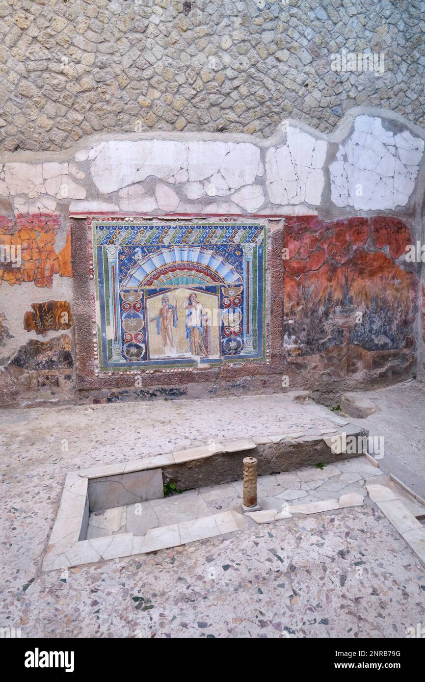 Une vue détaillée et complexe de la mosaïque de mosaïque murale à la Maison de Neptune et Amphitrite. À la ruine romaine ville archéologique, site de la ville de Banque D'Images