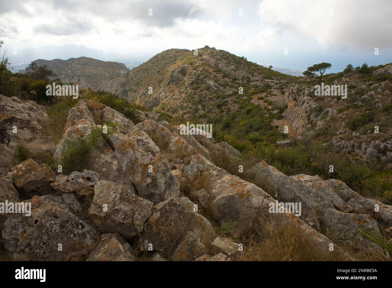 Vue sur la montagne Montgó en Espagne avec son cadre verdoyant et cliffy donnant sur la vallée d'Oliva. Banque D'Images