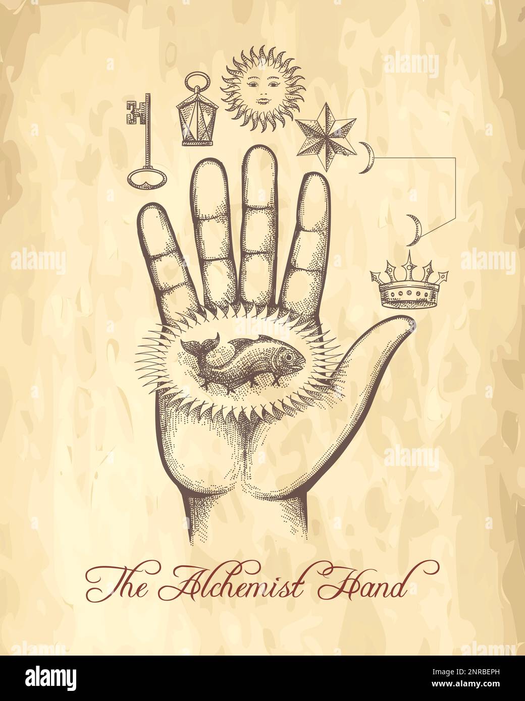 Emblem ésotérique de la paume humaine avec des signes d'alchimie sur fond de papier ancien. Illustration vectorielle. Illustration de Vecteur