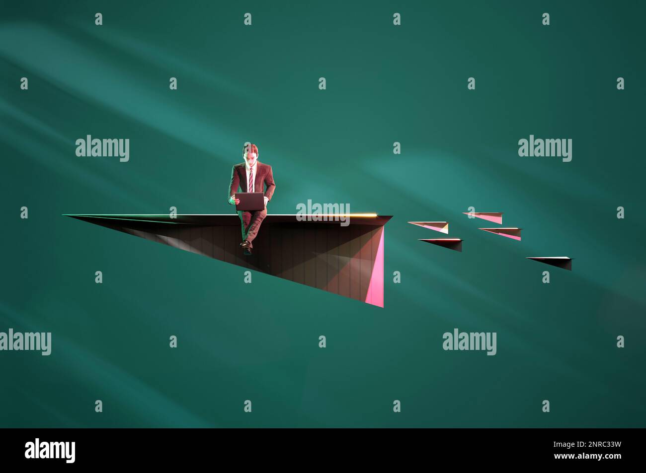3D Illustration , homme d'affaires sur des avions en papier volant . Travail D'ÉQUIPE de concept Banque D'Images