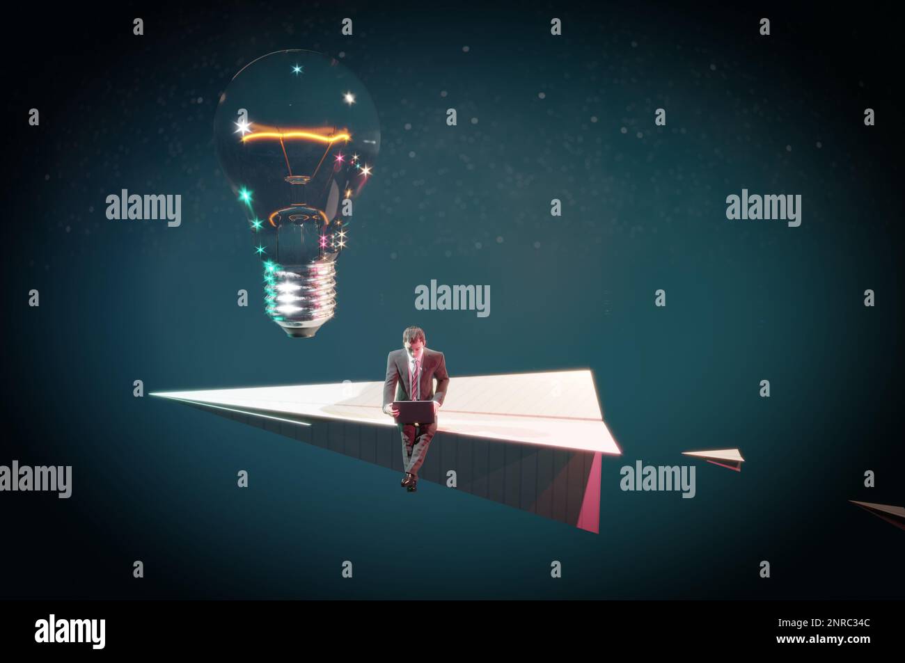 3D Illustration , homme d'affaires sur des avions en papier volant avec idée Banque D'Images