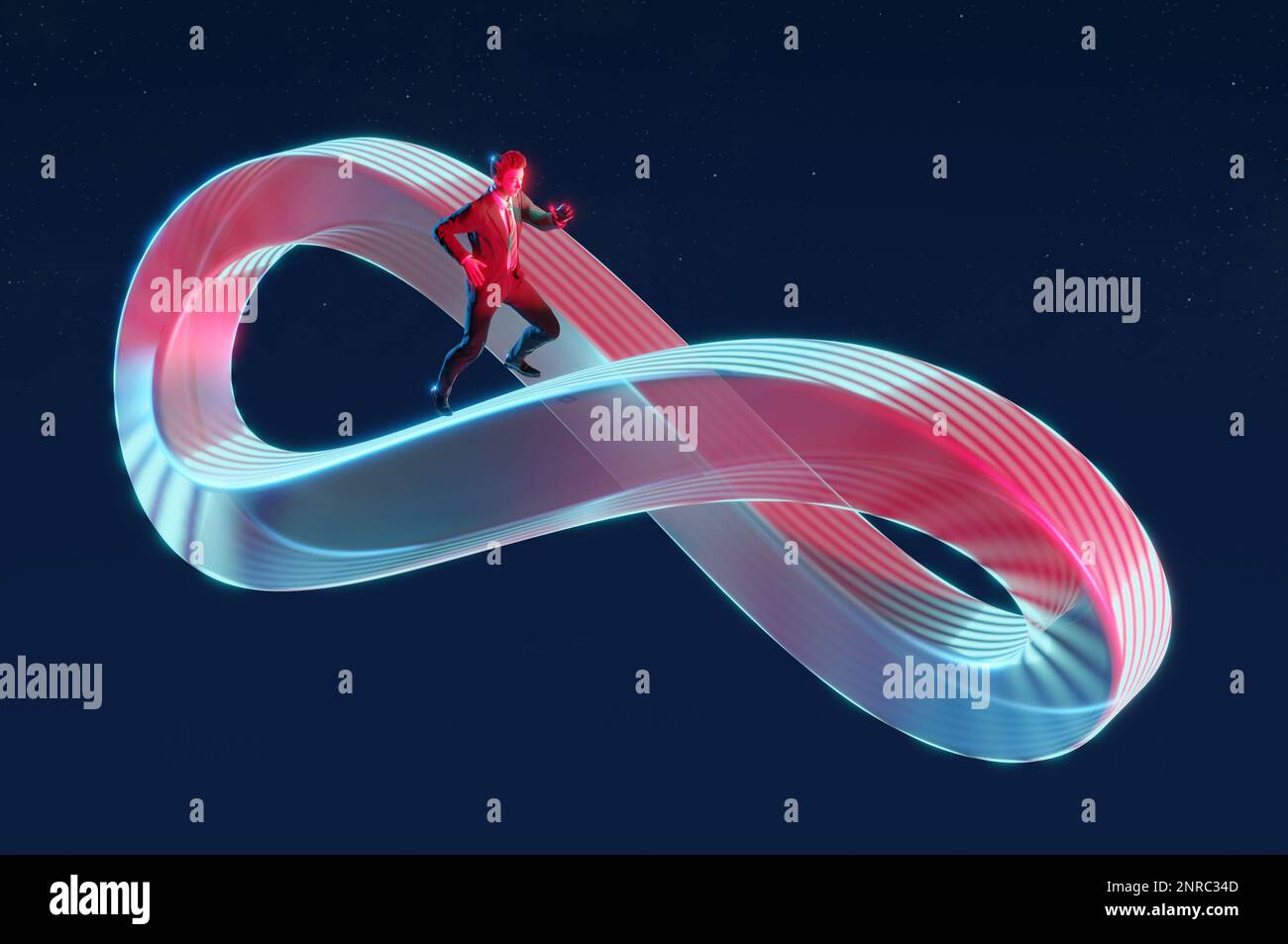 3D Illustration , homme d'affaires voyageant sur ne finissant jamais boucle infini. Cycle d'affaires, emploi de routine à l'infini ou cheminement de carrière, concours pour poursuivre Banque D'Images