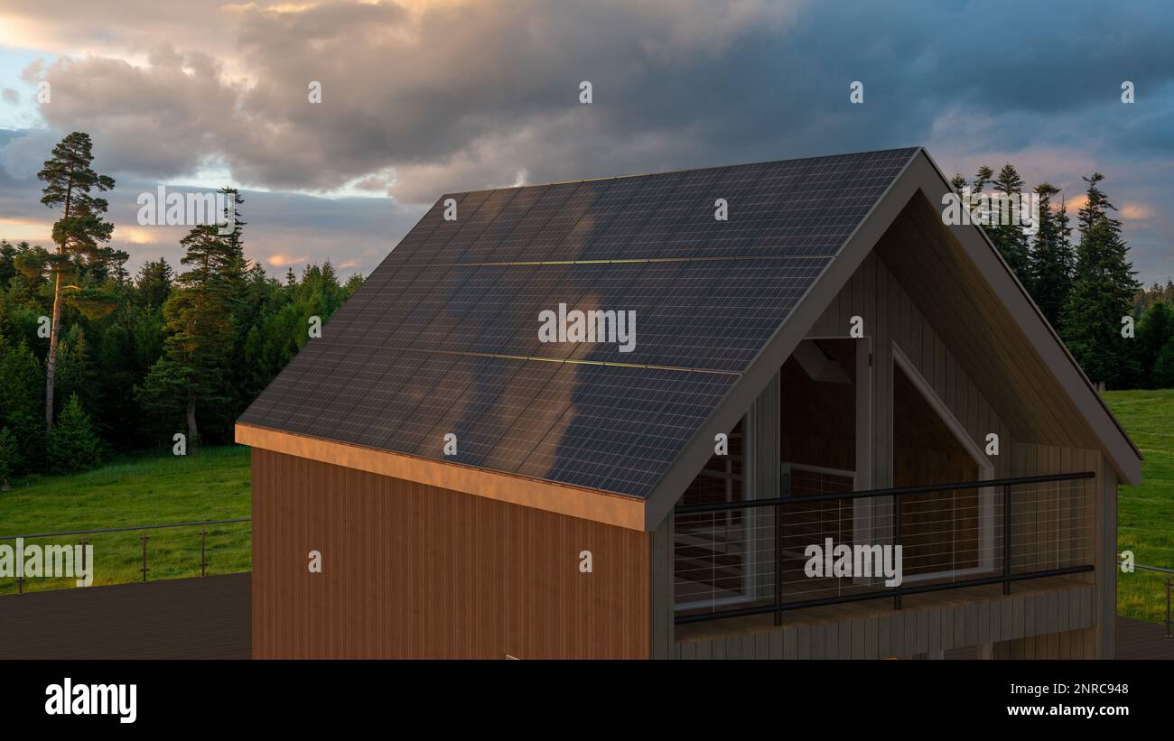 Panneaux photovoltaïques sur le toit d'une maison moderne dans les montagnes Banque D'Images