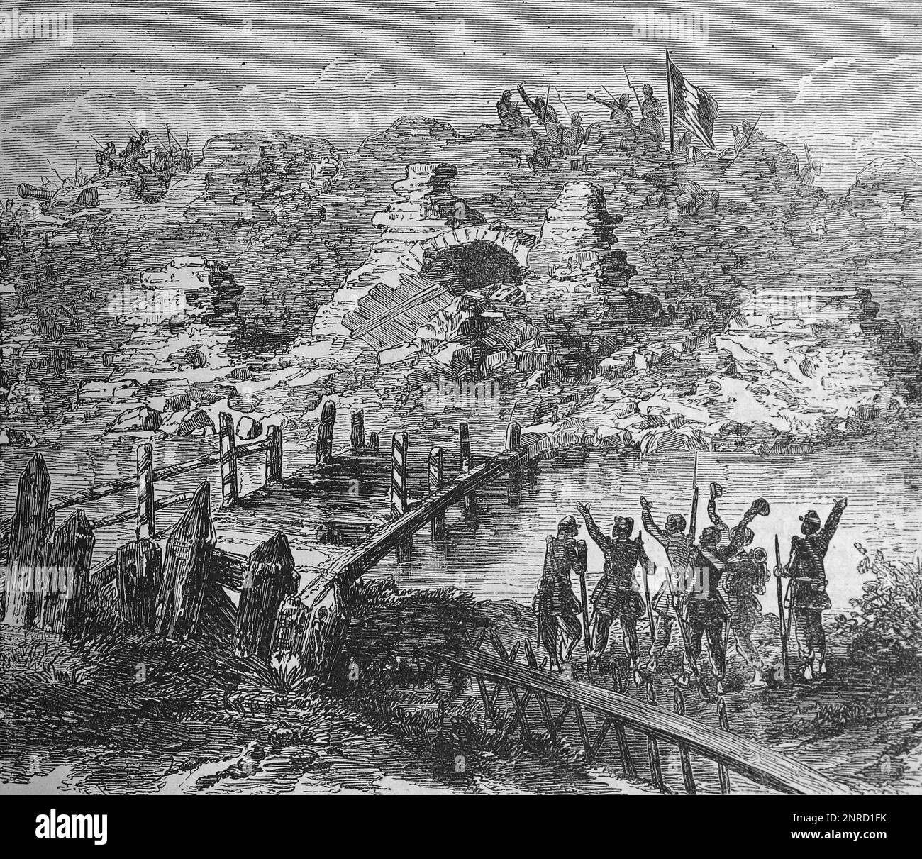 La forteresse de Kinburn à la suite du bombardement par les navires de la marine française et britannique, 17th octobre 1855. Ce devait être l'un des derniers engagements de la guerre de Crimée de 1853 à 1855. Illustration en noir et blanc Banque D'Images