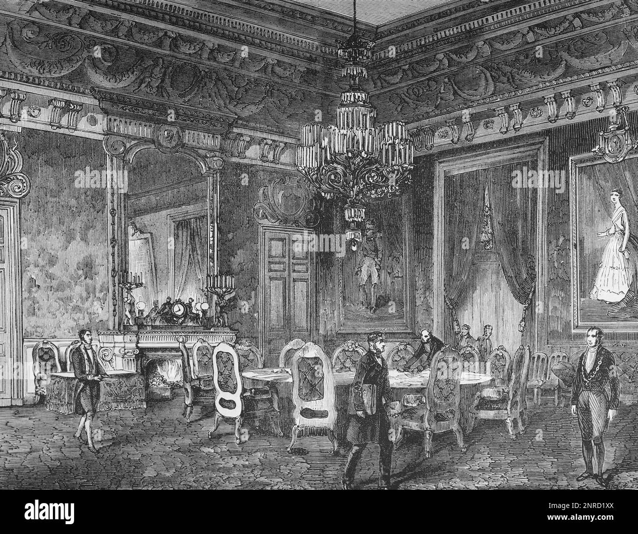 La salle des Ambassadeurs, Paris. Le lieu du Congrès de Paris en 1856 où a eu lieu la signature du Traité de Paris qui a mis fin à la guerre de Crimée. Illustration en noir et blanc Banque D'Images