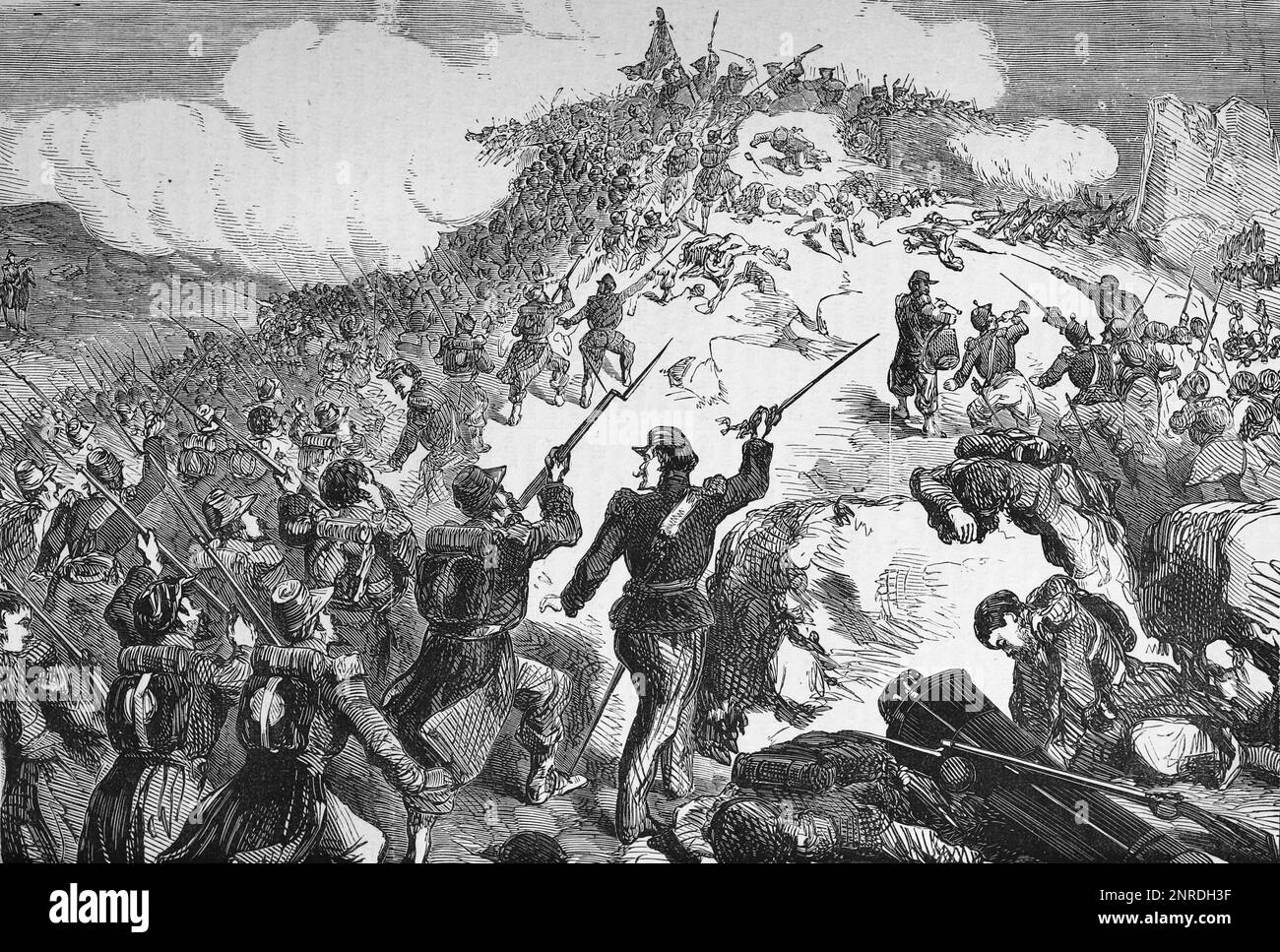 La capture française de Mamelon pendant le siège de Sébastopol, guerre de Crimée, 6-9 juin 1855. Illustration en noir et blanc Banque D'Images