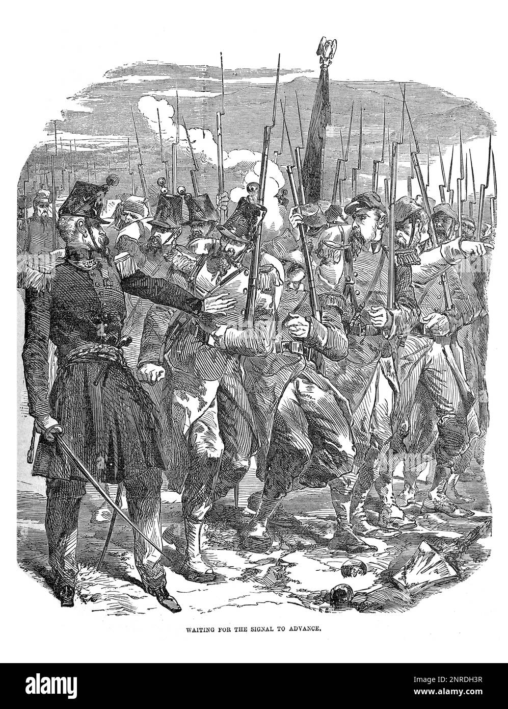 Image générique; fantassins en attente du signal à avancer; Guerre de Crimée 1855. Siège de Sébastopol. Illustration en noir et blanc Banque D'Images