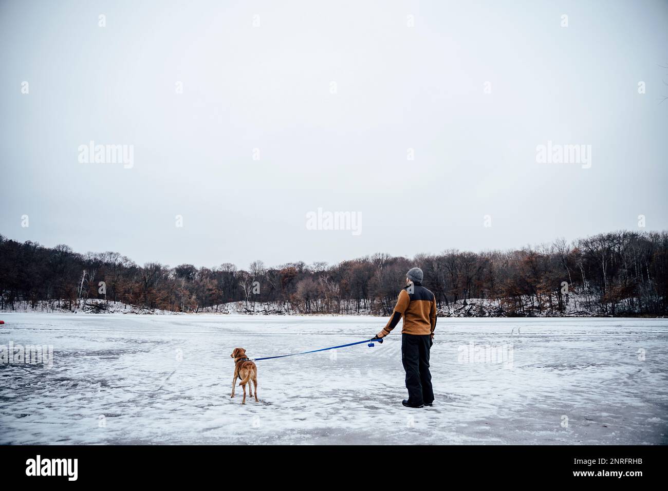 Chien brun et propriétaire masculin explorant ensemble un lac gelé Banque D'Images