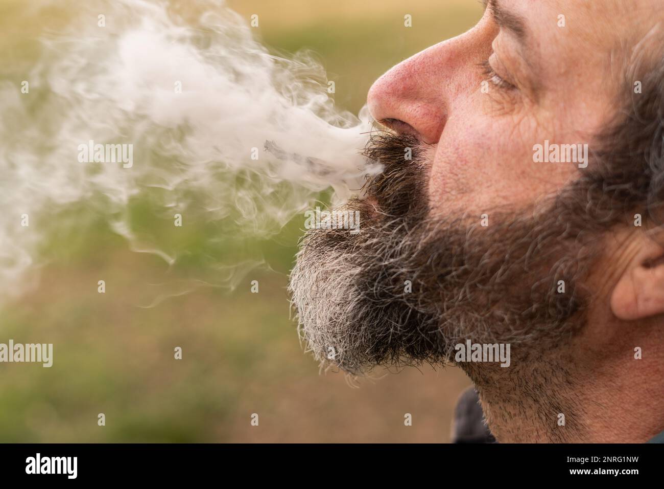 homme en profil fuisant de la marijuana et en soufflant de la fumée Banque D'Images