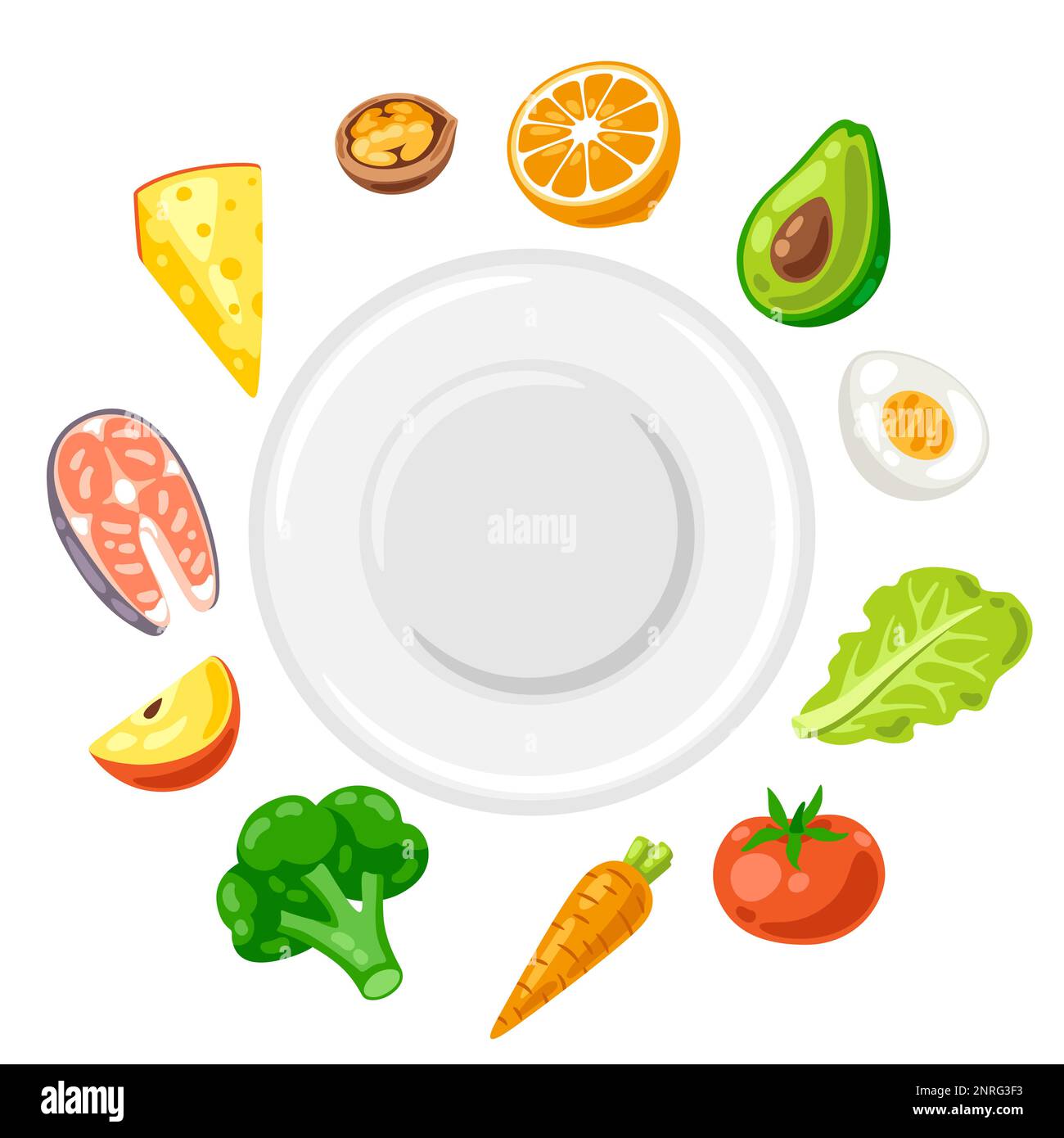 Illustration de l'assiette avec des aliments. Alimentation saine et repas  de régime. Fruits, légumes et protéines pour une nutrition adéquate Image  Vectorielle Stock - Alamy