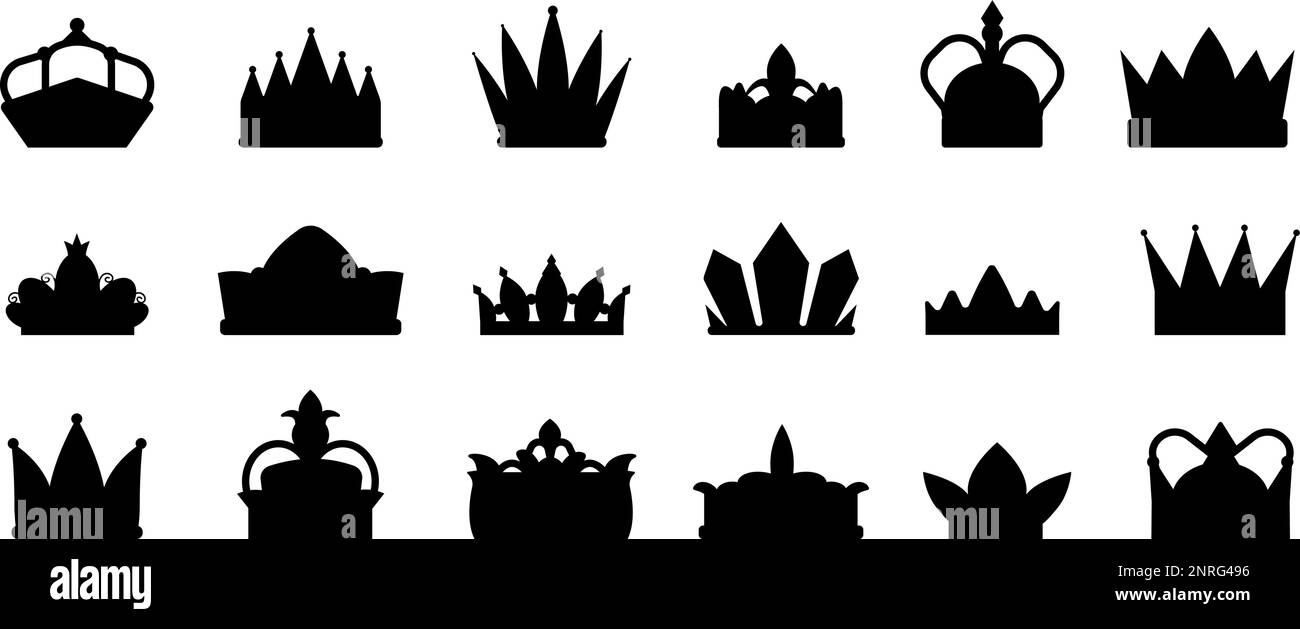 Royal couronnes icônes noires. Symboles couronne gagnante, reine chevalier ou couronnement roi. Tiara silhouettes, prince princesse plat décent vecteur signes Illustration de Vecteur