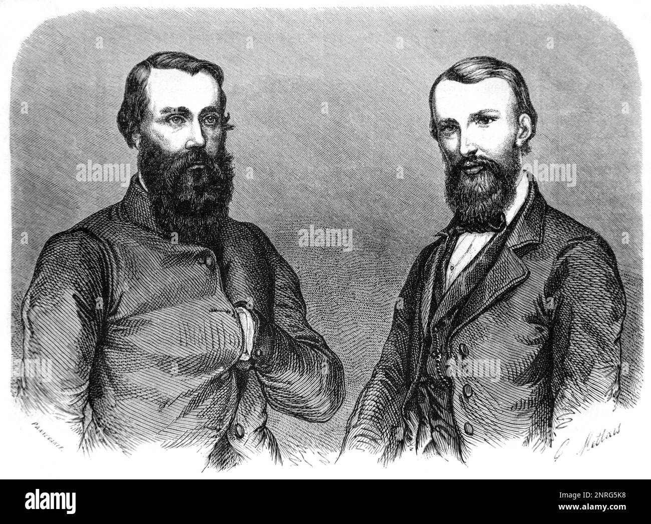 Portraits de Robert O'Hara Burke (1821-1861) et William John Willis (1834-1861) explorateurs et dirigeants de l'expédition malheureuse de Burke et de lièvre en Australie (1860-1861) gravure d'époque ou illustration 1862 Banque D'Images