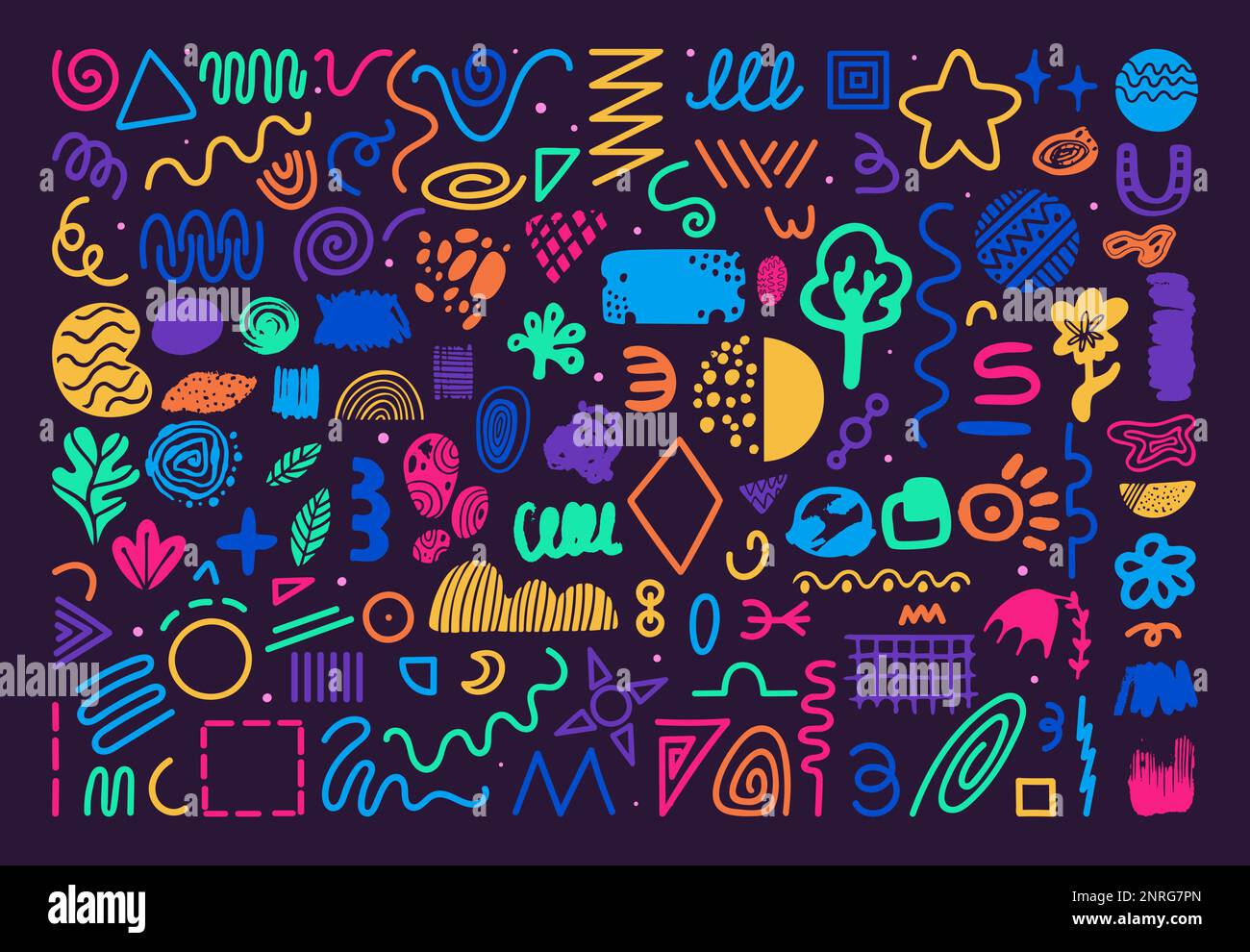 Des formes abstraites amusantes, des enfants dessinent des œuvres d'art au hasard. Œuvres d'art pour jeunes, blobs confettis colorés. Éléments de brosses texturés, lignes et liquide organique Illustration de Vecteur