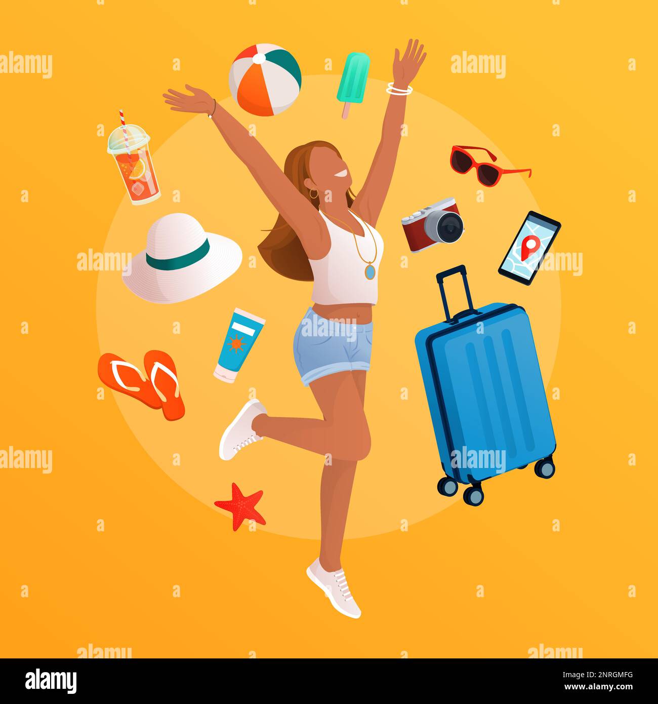Heureuse femme partant pour des vacances d'été, elle est entourée par des accessoires de voyage et de plage Illustration de Vecteur