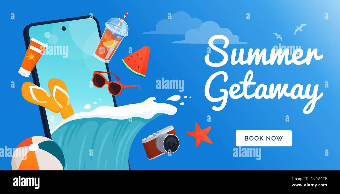 Smartphone avec accessoires de plage et vague d'océan sortant de l'écran: Vacances d'été et concept de réservation de voyage en ligne Illustration de Vecteur