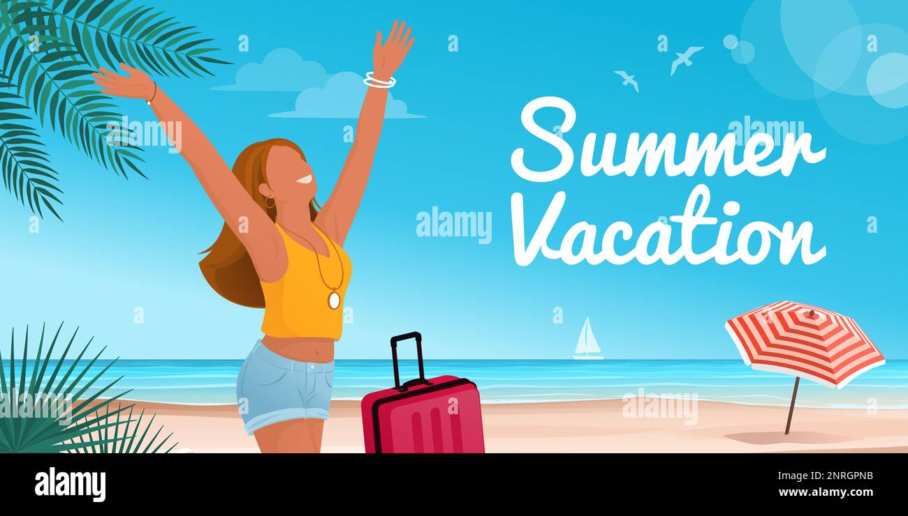 Heureuse femme touristique à la plage: Vacances d'été et concept de voyage Illustration de Vecteur