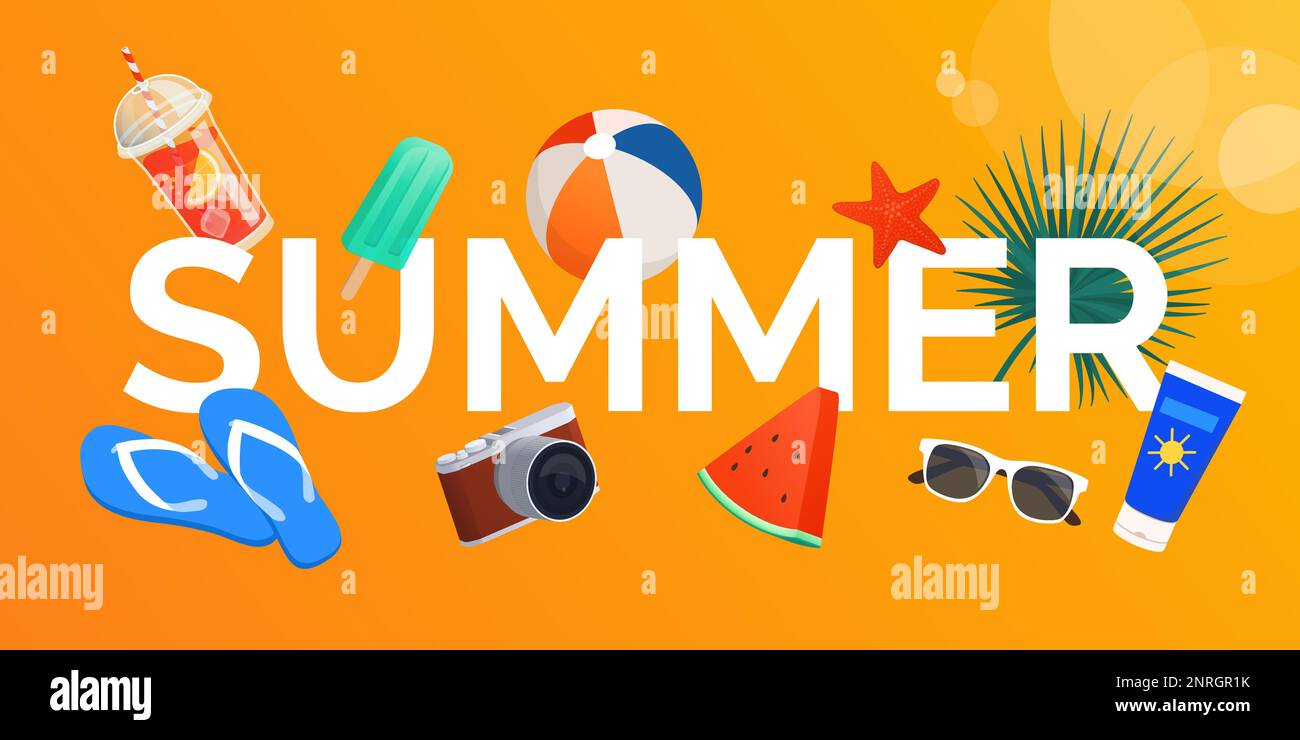 Texte d'été entouré d'accessoires de plage colorés, nourriture, boisson et feuille de palmier: Vacances et concept de voyage Illustration de Vecteur