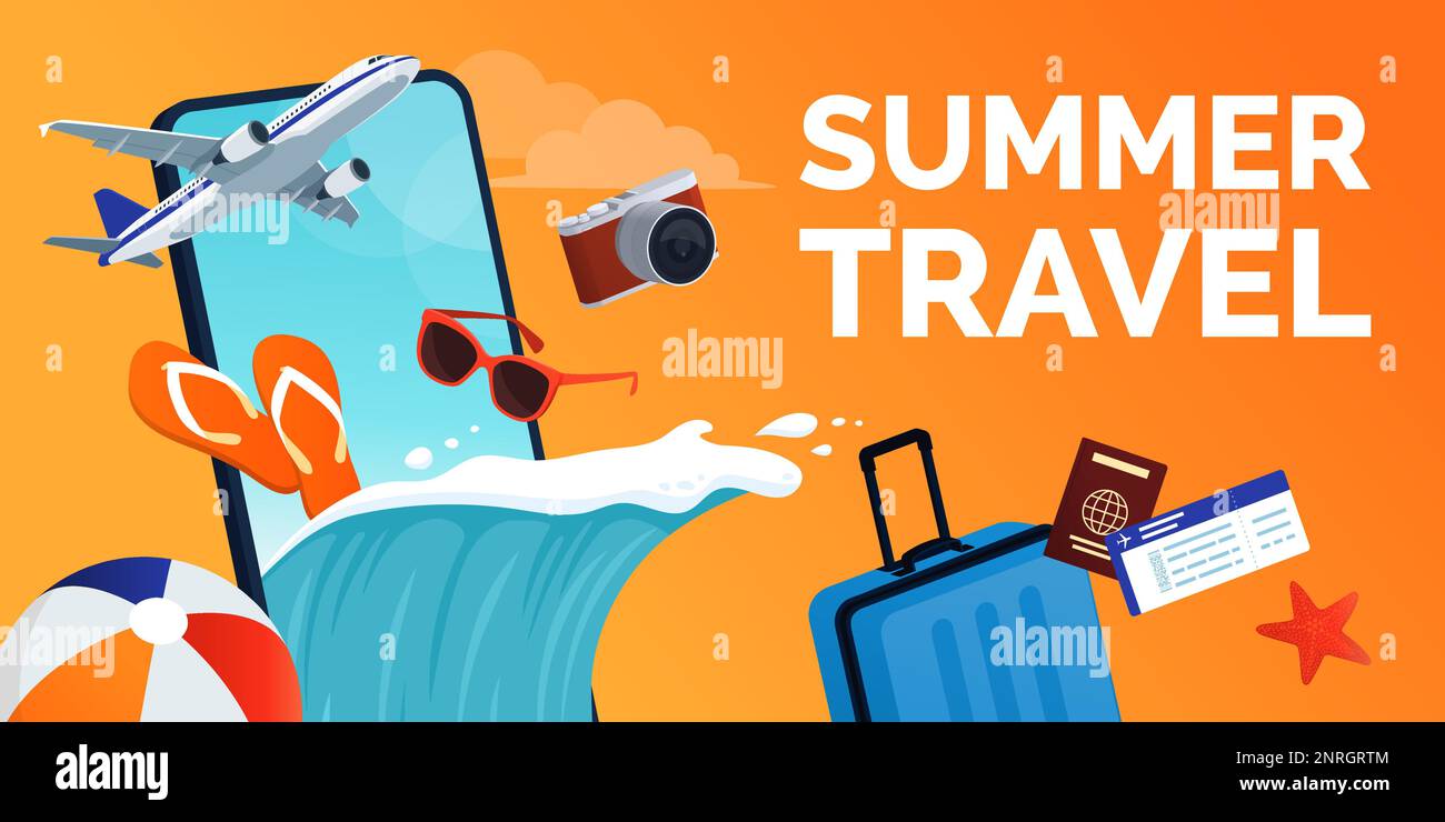 Smartphone avec accessoires de plage, articles de voyage et vague de l'océan sortant de l'écran: Vacances d'été et concept de réservation de voyage en ligne Illustration de Vecteur