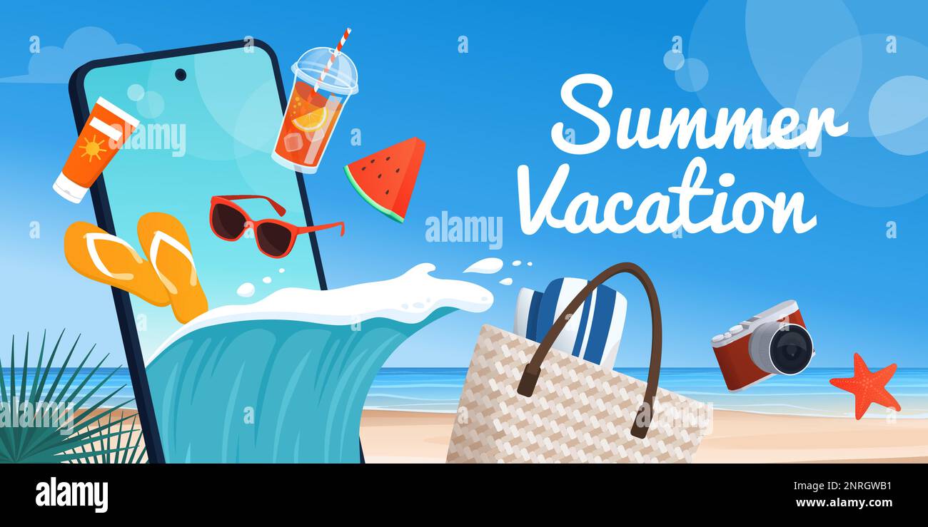 Smartphone avec accessoires de plage et vague d'océan sortant de l'écran: Vacances d'été et concept de réservation de voyage en ligne Illustration de Vecteur