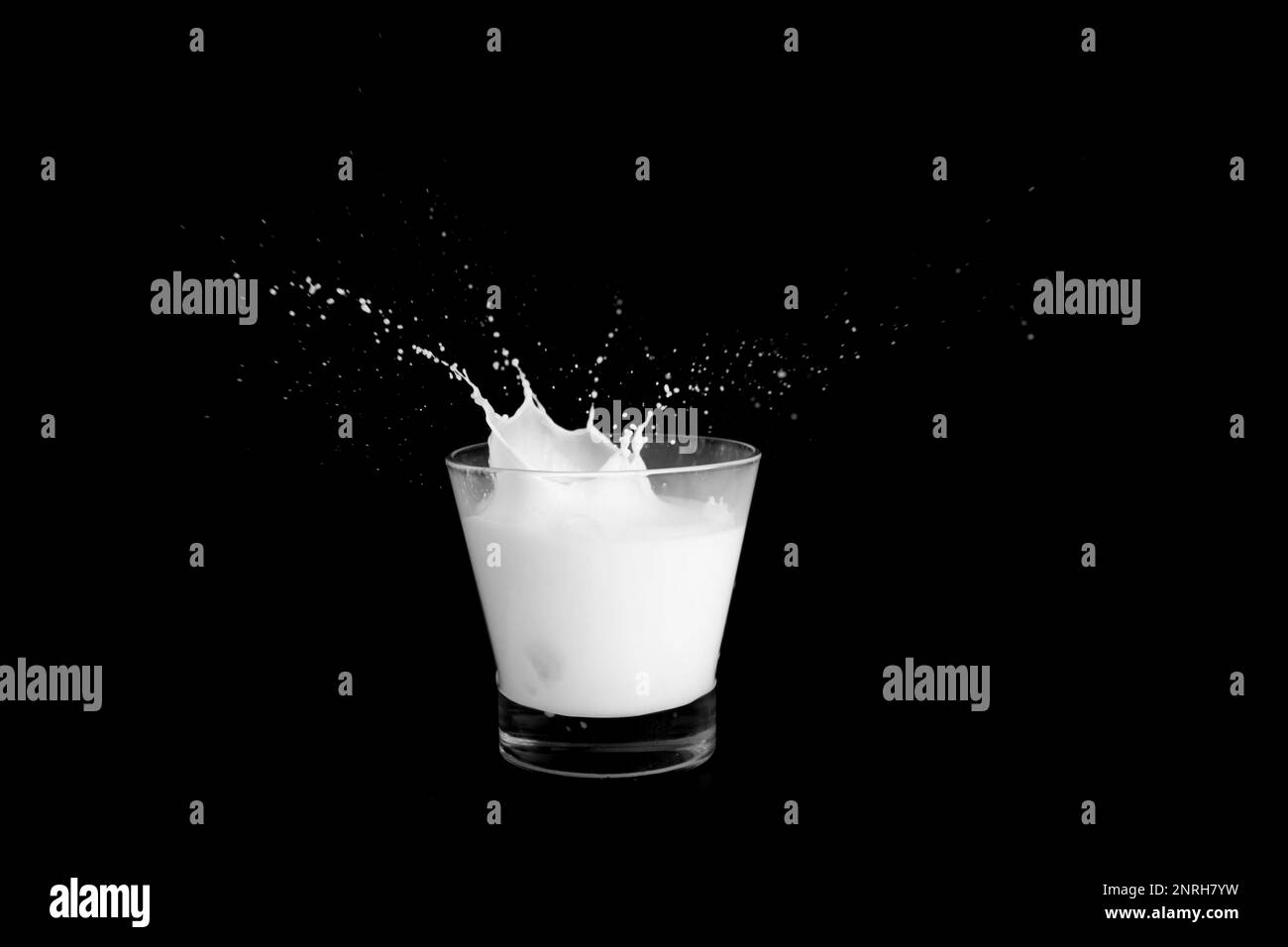 Éclaboussures de lait sur fond noir. Banque D'Images
