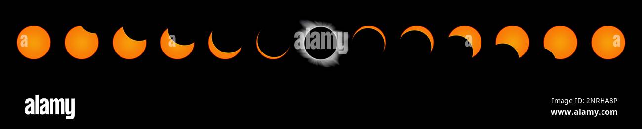 Total Solar Eclipse décomposé en 13 phases. Banque D'Images