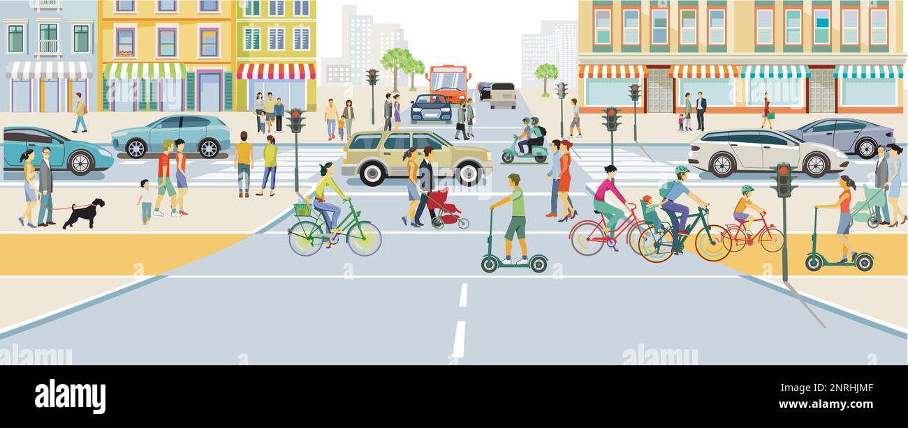 Silhouette de ville avec circulation routière et personnes sur l ...