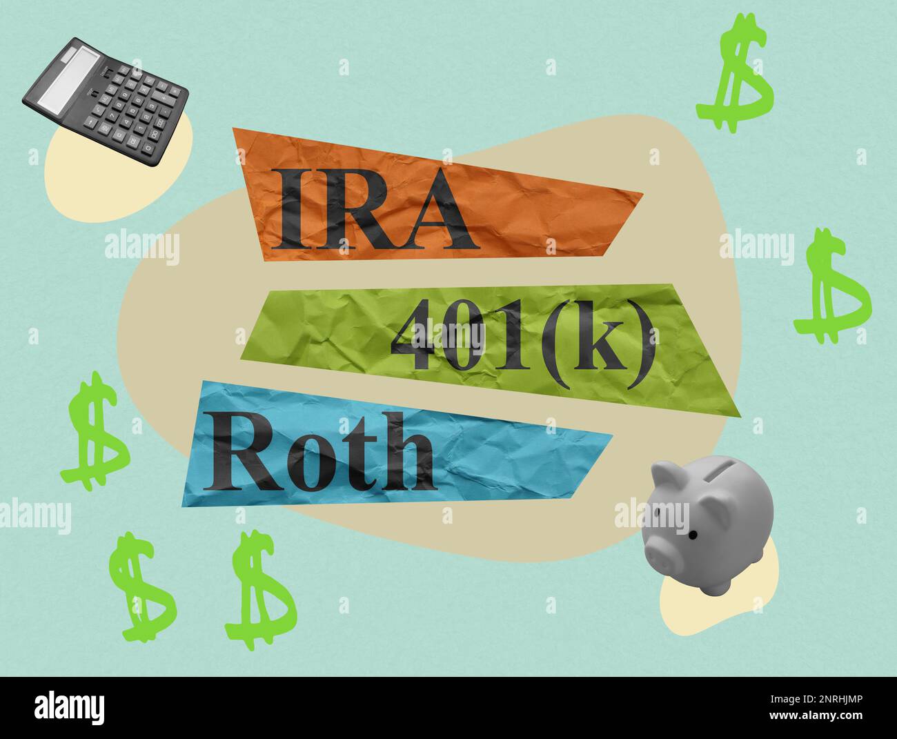 Collage sur les régimes de retraite Roth IRA et 401k. Banque D'Images