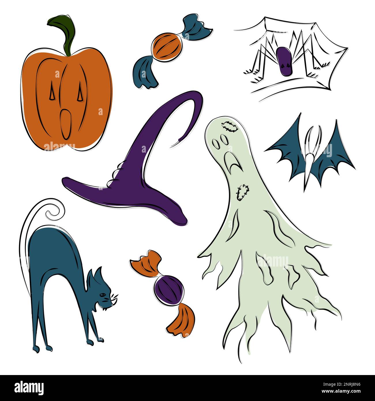 Collection d'éléments, d'objets, d'articles classiques pour Halloween. Ensemble de symboles effrayants pour les vacances d'automne. Imprimé froid pour les autocollants, les vêtements pour enfants, le personnel Illustration de Vecteur