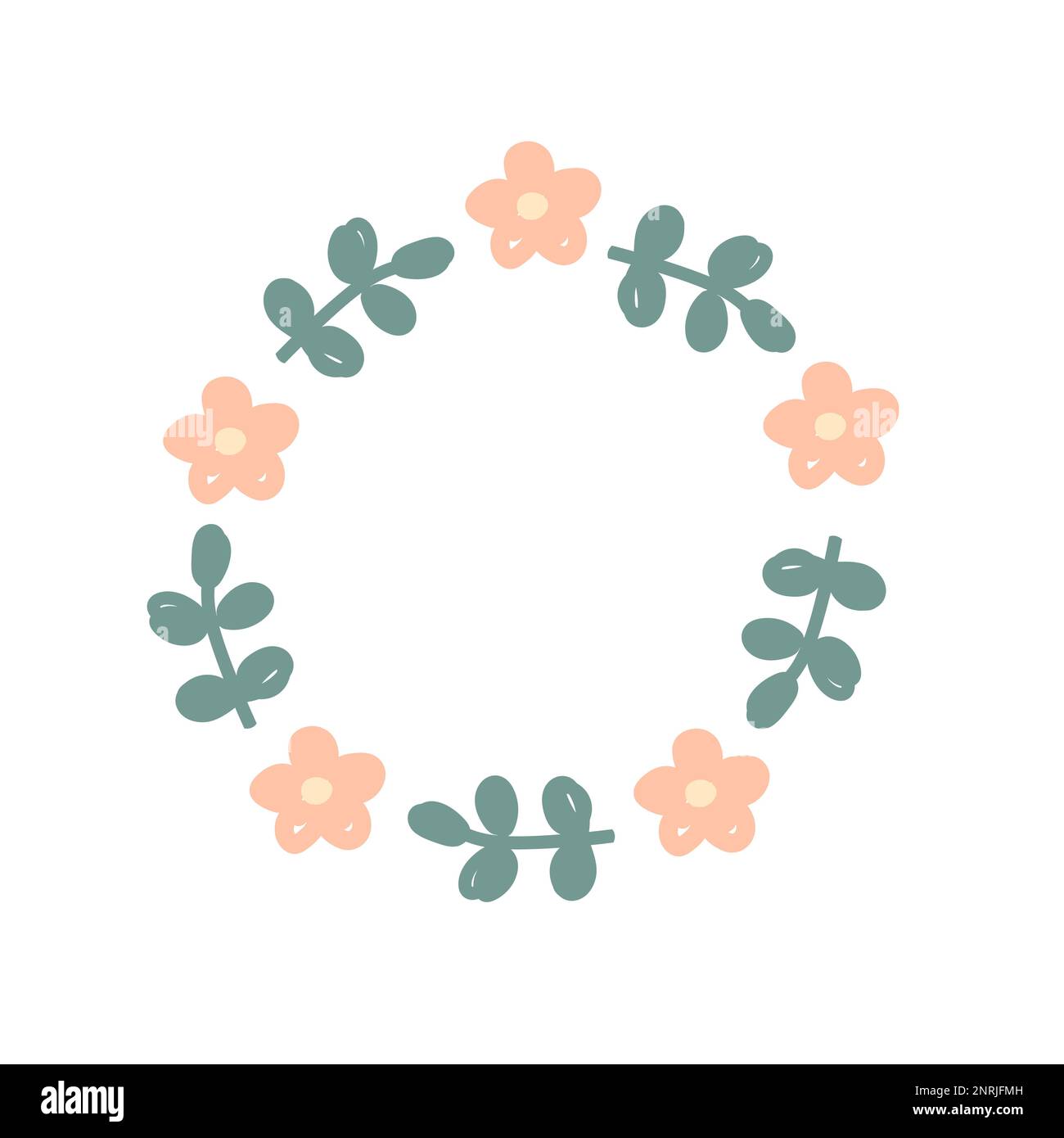 Cadre rond avec de jolies feuilles et fleurs dessinées à la main. Décoration florale avec place pour le texte, style scandinave. Design pour la papeterie, les salutations Illustration de Vecteur