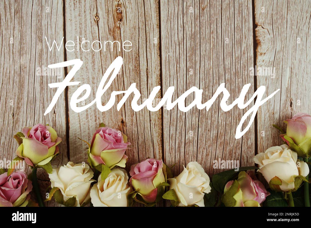Bienvenue texte typographique de février avec bouquet de fleurs roses sur fond de bois Photo Stock - Alamy