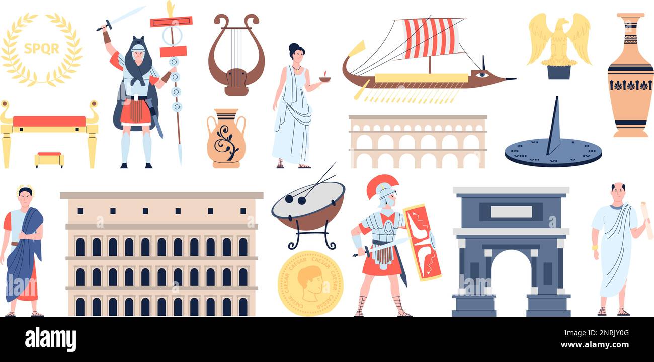 Les éléments de rome antique, les armes romaines et les bâtiments. Gladiateurs d'Empire guerriers, personnages de peuple grec. Collection de vecteurs récents de l'historique plat Illustration de Vecteur