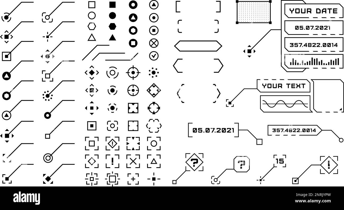 Éléments numériques hud, barres technologiques et icônes, supports et cibles. Conception de panneaux UI ux, cadres de trait de coupe et espace de texte, interface de vecteur isolée Illustration de Vecteur
