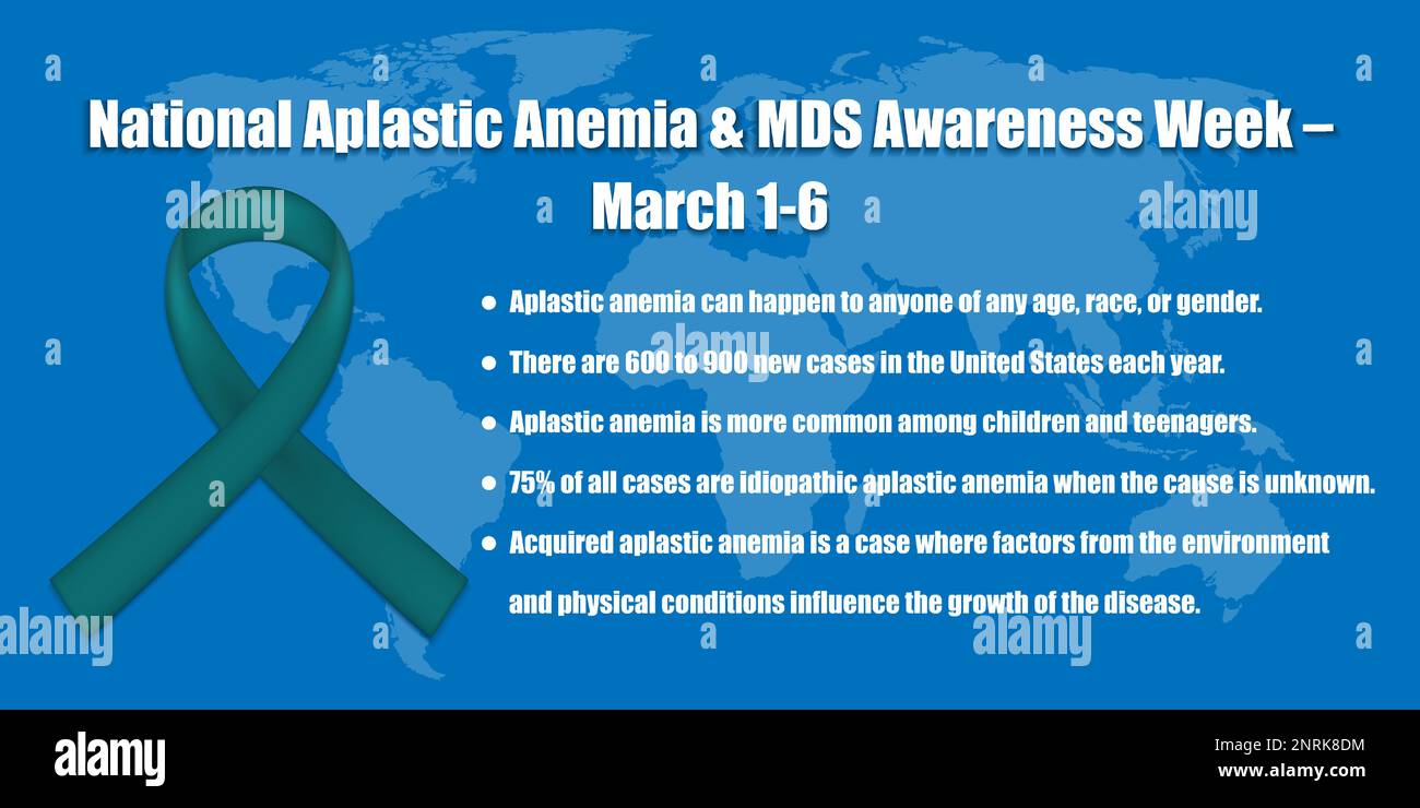 Aidez-nous à sensibiliser la population à la semaine nationale de sensibilisation à l'anémie aplasique et aux MDS avec notre bannière frappante avec un ruban vert et une carte du monde sur un b bleu Illustration de Vecteur