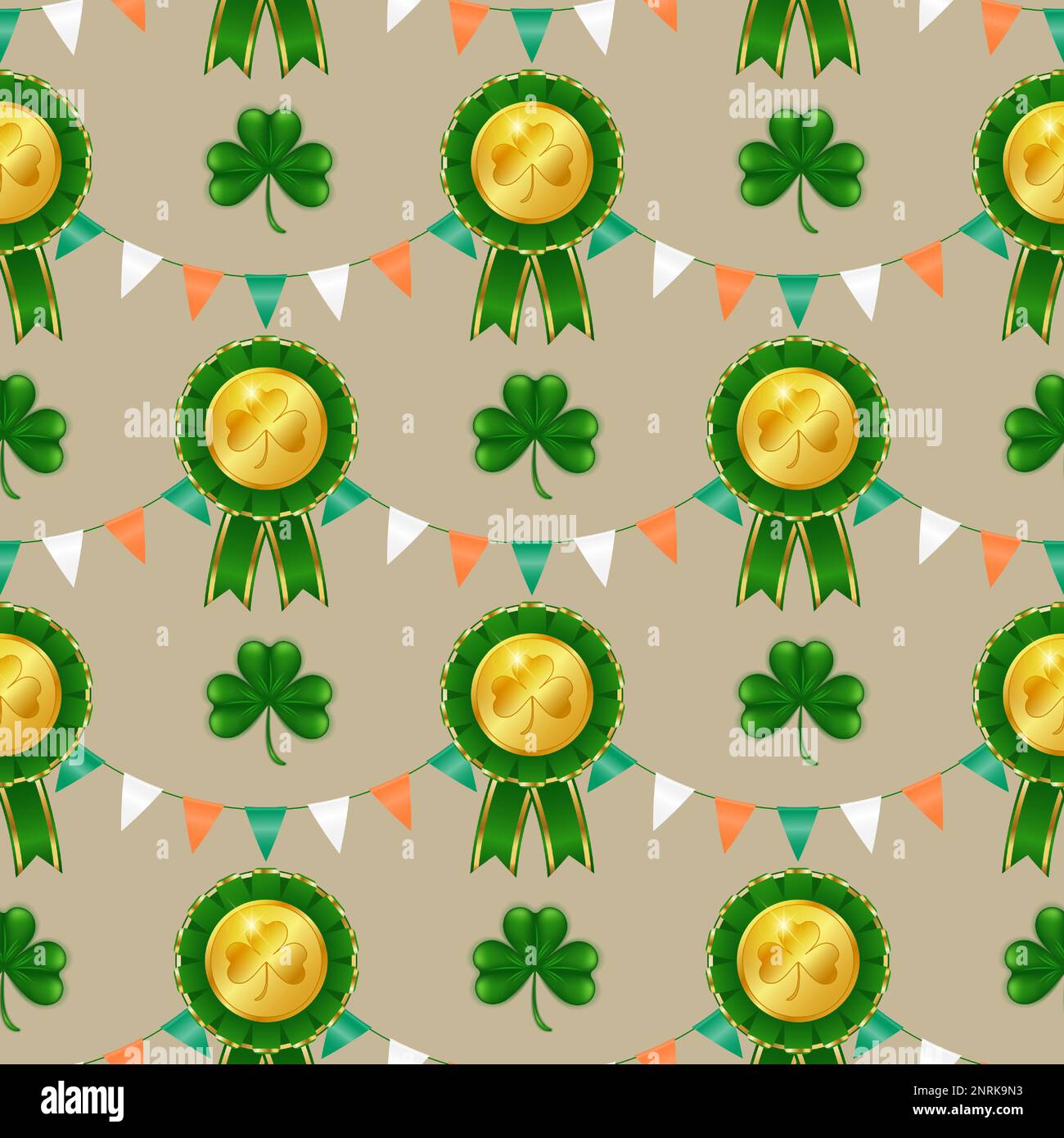 Célébrez St. Patrick's Day avec ce motif sans couture, composé d'une guirlande de triangles inspirés du drapeau irlandais, de shamrock et d'un prix d'or. Parfait pour Illustration de Vecteur